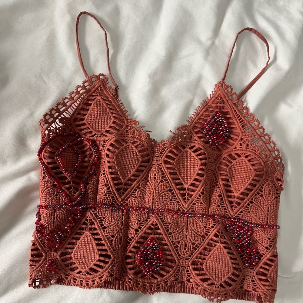 Say What? Terracotta Crochet Lace Crop Top